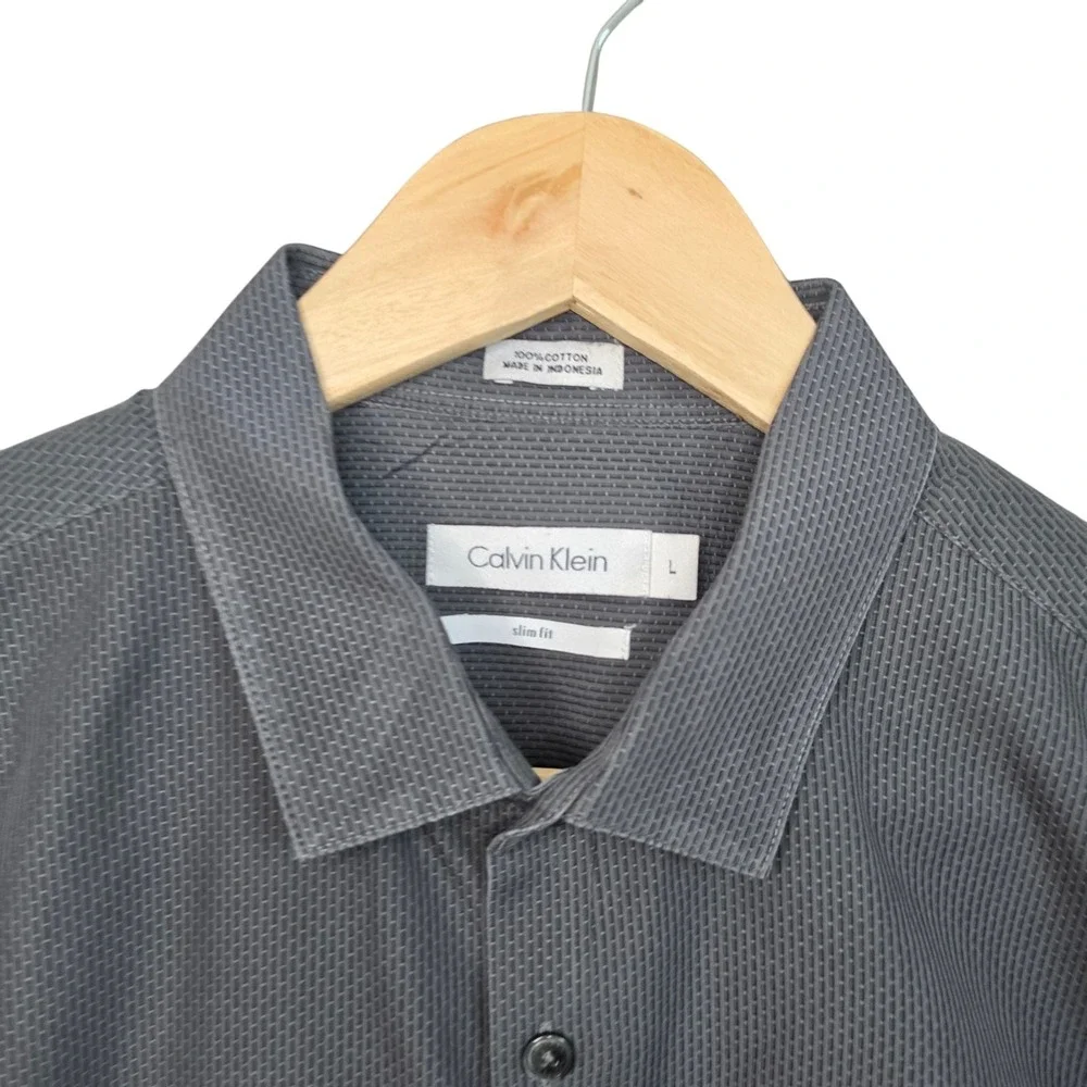 Calvin Klein Shirt Mens Large Gray Button Up Slim Fit Cotton‎ Long Sleeve Career